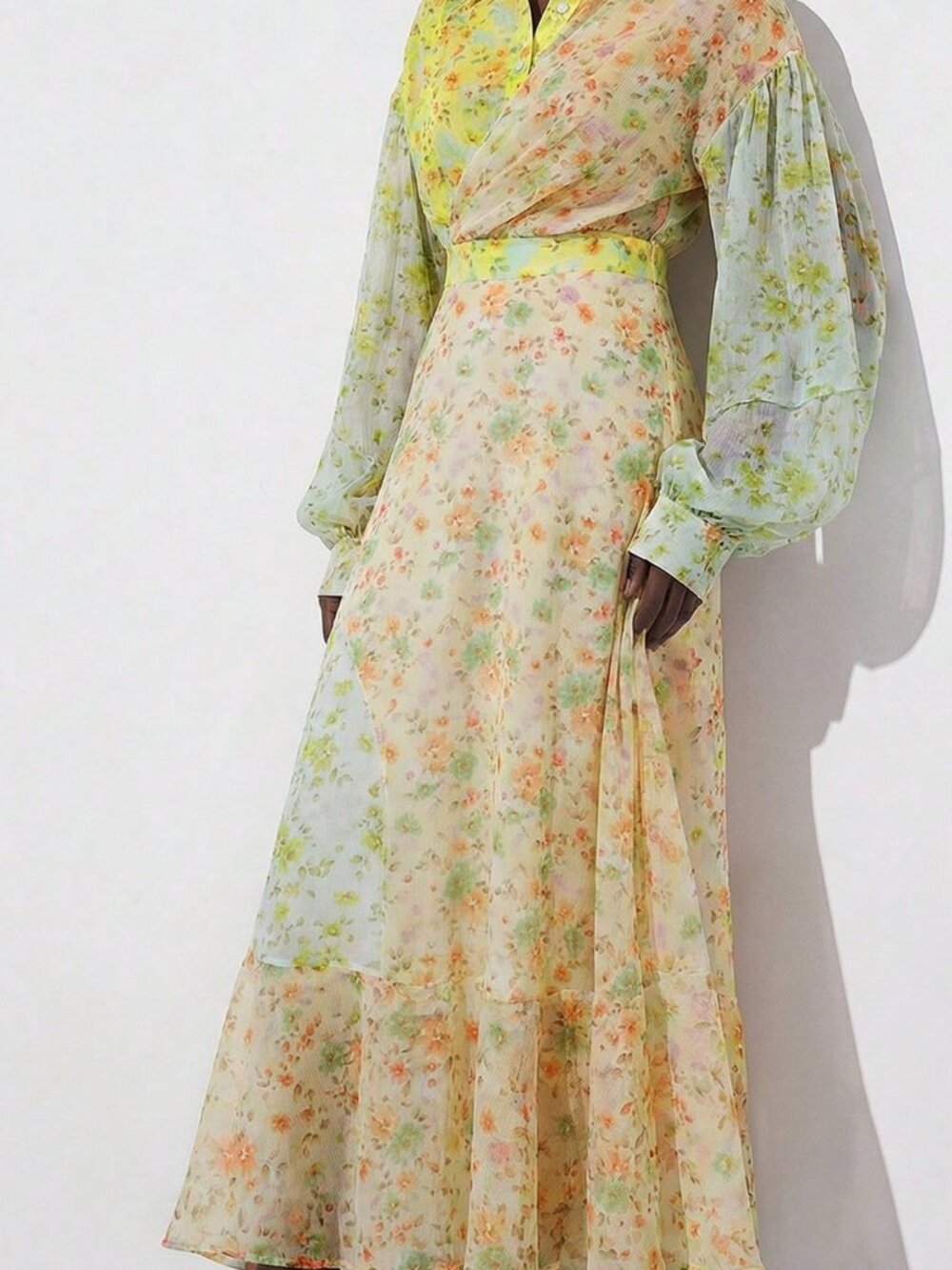 Multicolor Boho Women's Chiffon Gradient Floral Print Long Sleeve Dress - Picture 3 of 7